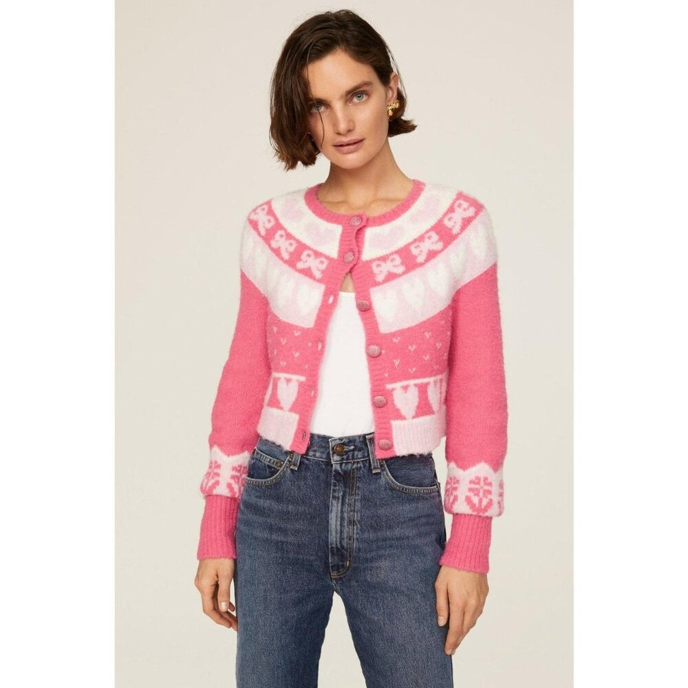 LoveShackFancy Dimples Crop Cardigan Dainty Cute Jacquared Pink Hearts Ribbons M - Picture 7 of 13